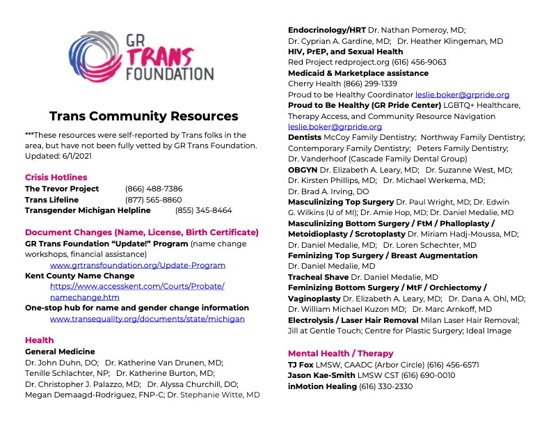 Grand Rapids Trans Foundation Resource List